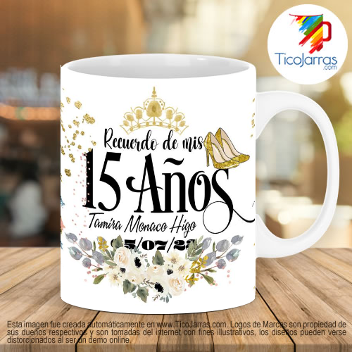 Tazas Personalizadas en Costa Rica Recuerdo de 15 años, vestido dorado